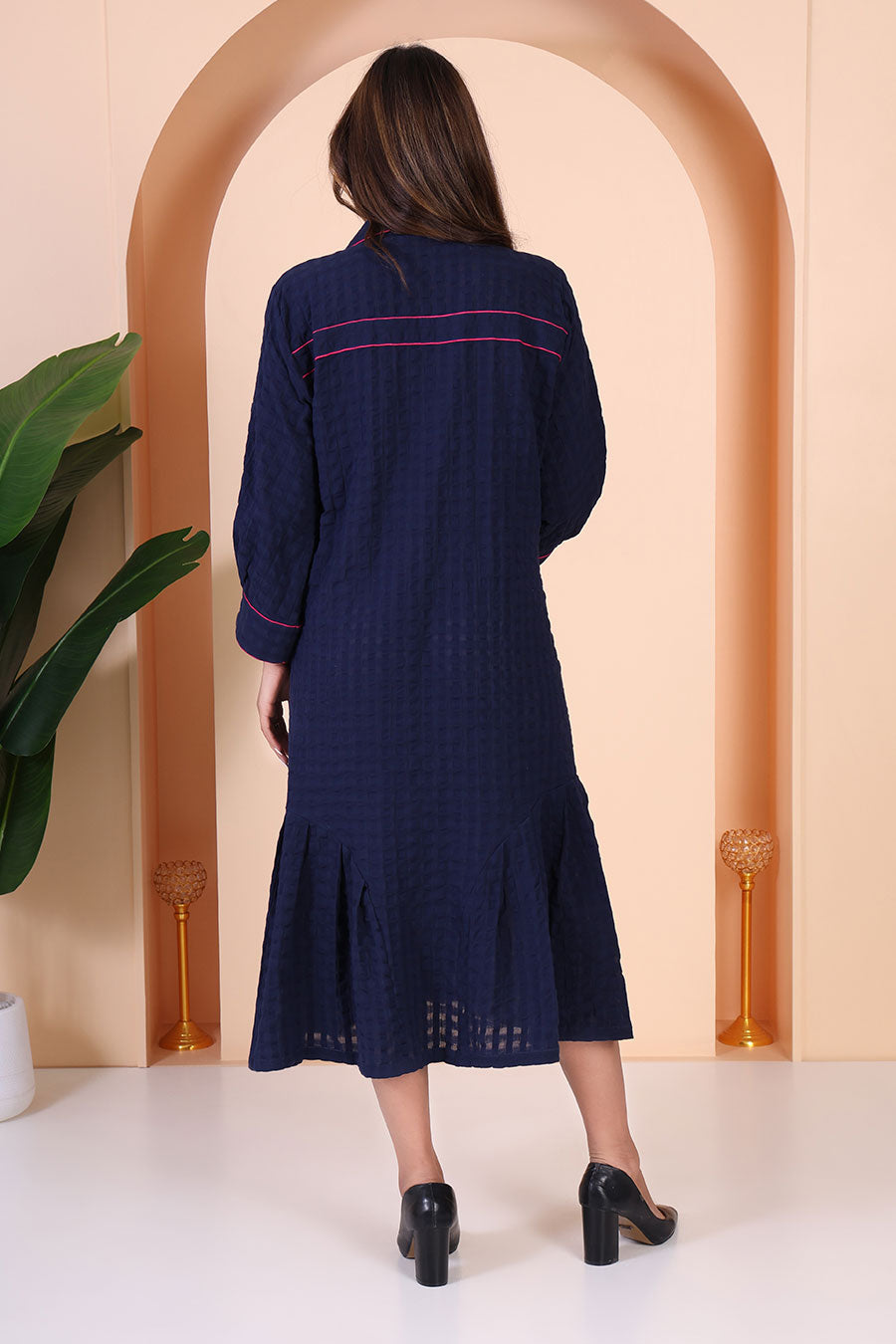 Blue Embellished Calf-Length Dress
