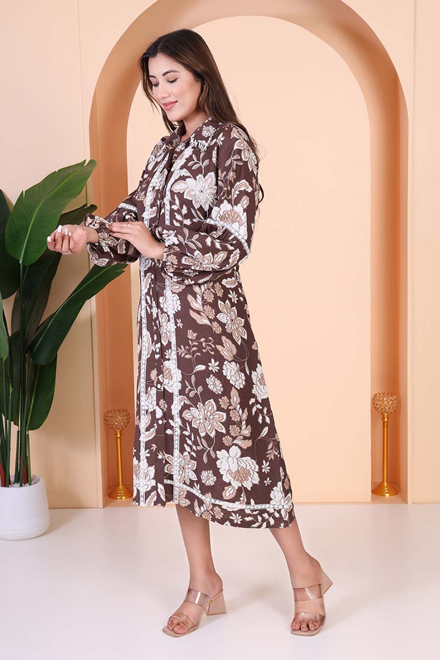 Brown Printed Embellished Dress