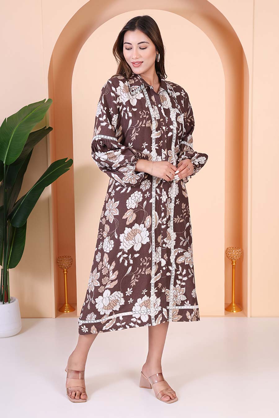 Brown Printed Embellished Dress