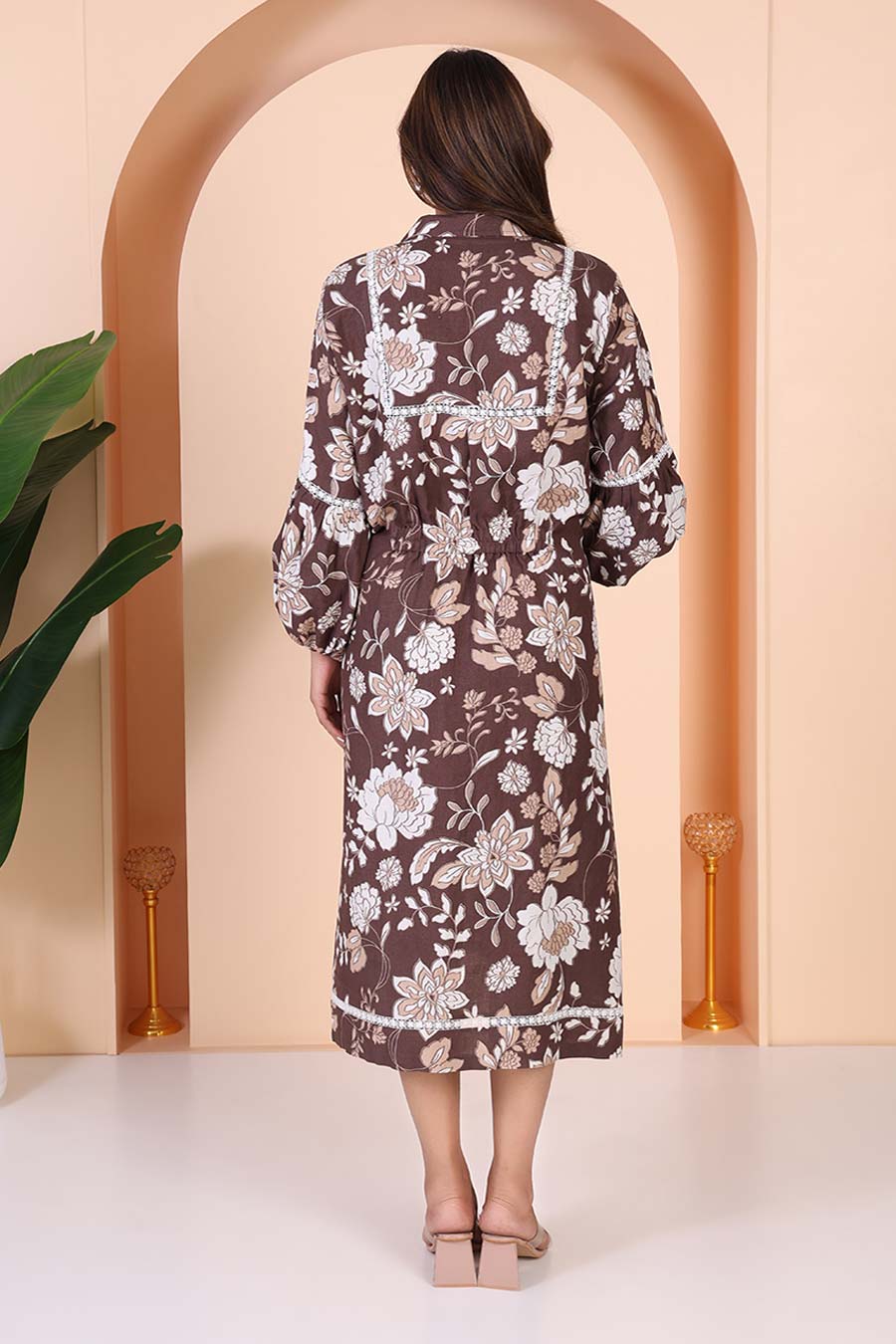 Brown Printed Embellished Dress
