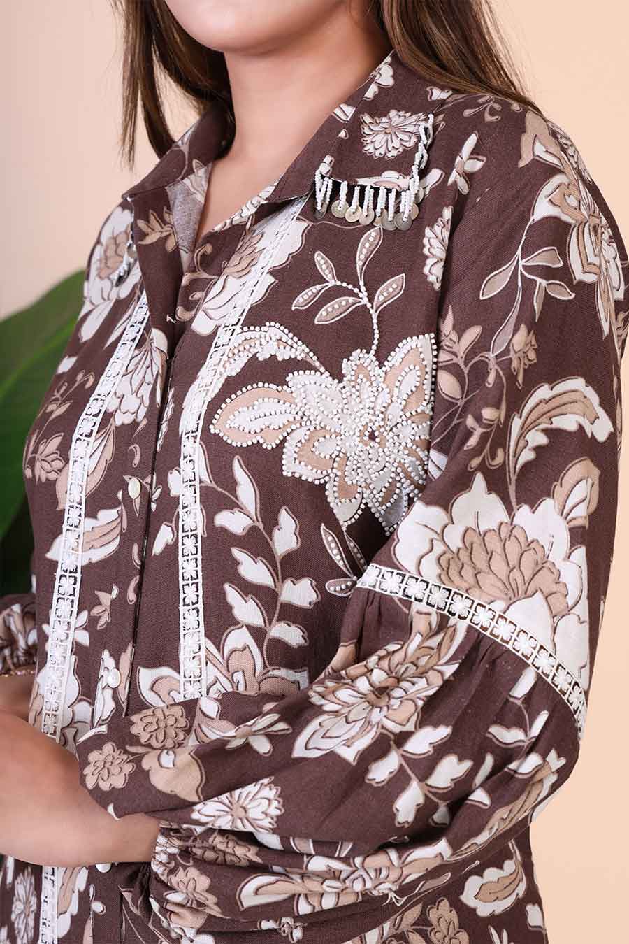 Brown Printed Embellished Dress