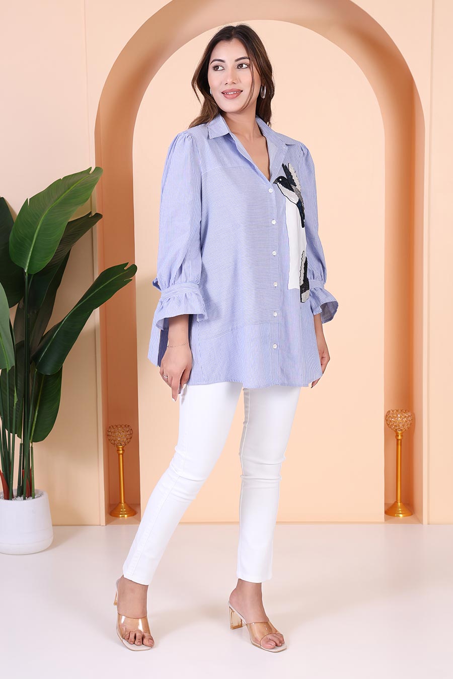 Blue Bird Embellished Striped Shirt