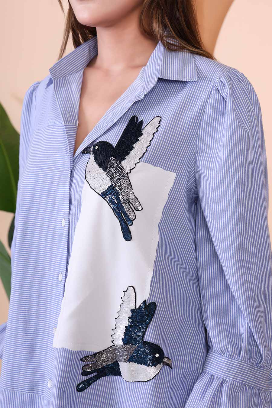 Blue Bird Embellished Striped Shirt