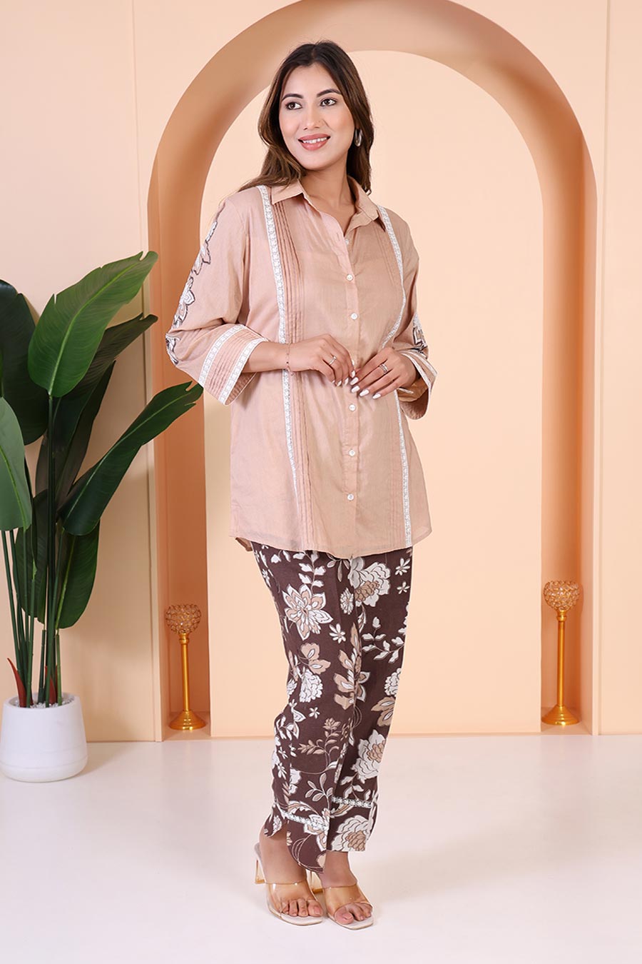 Beige & Brown Embellished Co-Ord Set