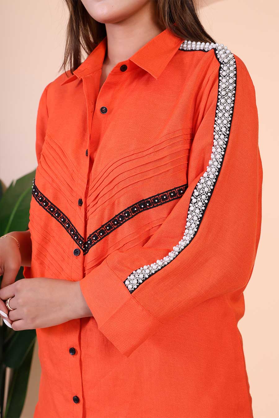 Orange Embellished Shirt & Pant Co-Ord Set