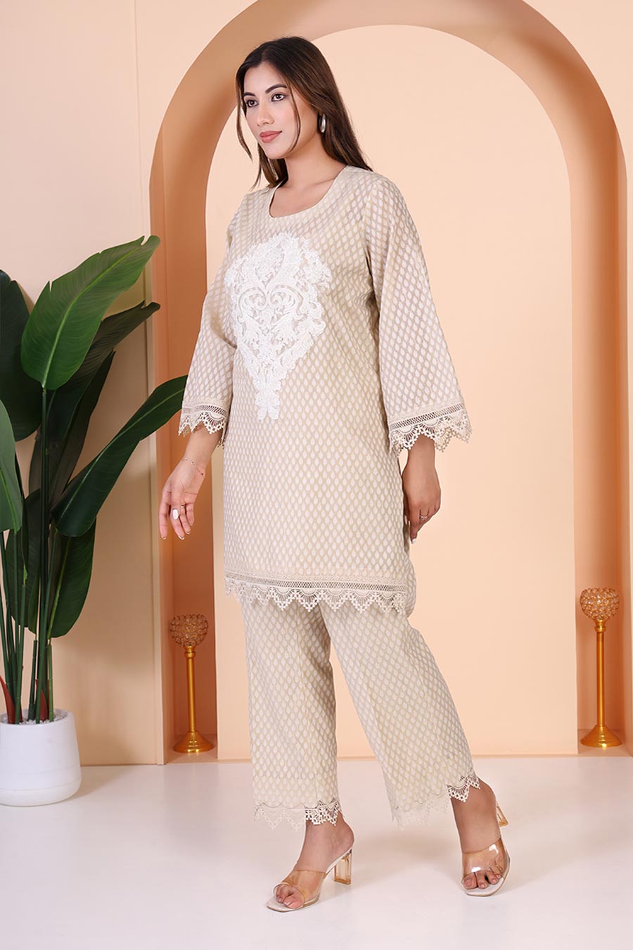 Beige Embellished Tunic & Pant Co-Ord Set