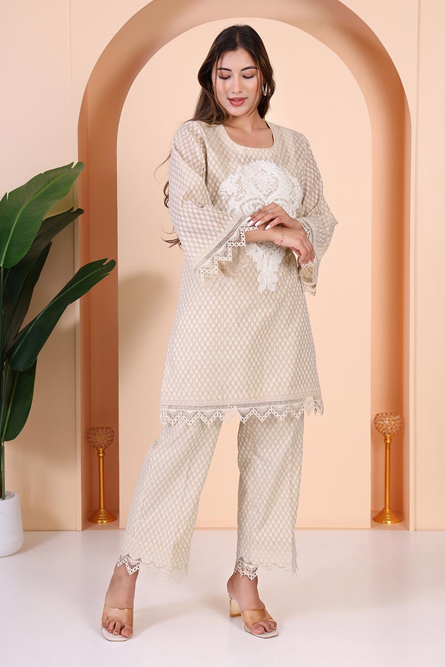 Beige Embellished Tunic & Pant Co-Ord Set