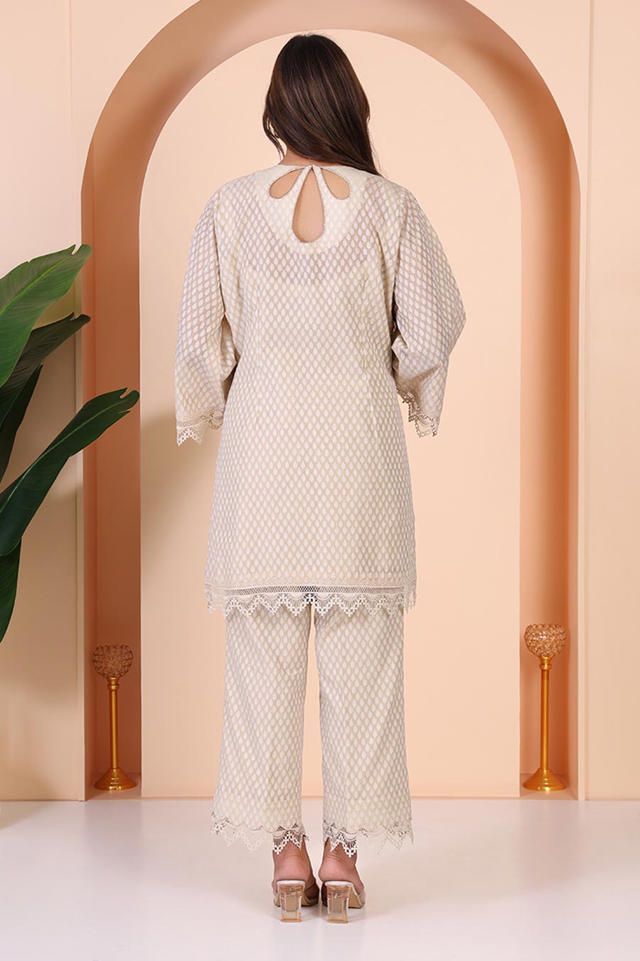 Beige Embellished Tunic & Pant Co-Ord Set