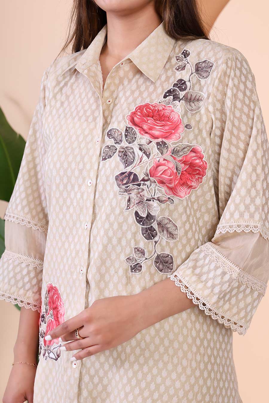 Beige Embellished Shirt & Pant Co-Ord Set