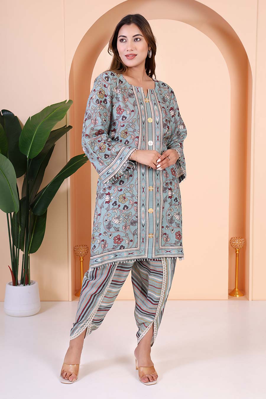 Dusty Blue Printed Kurta & Dhoti Pant Set