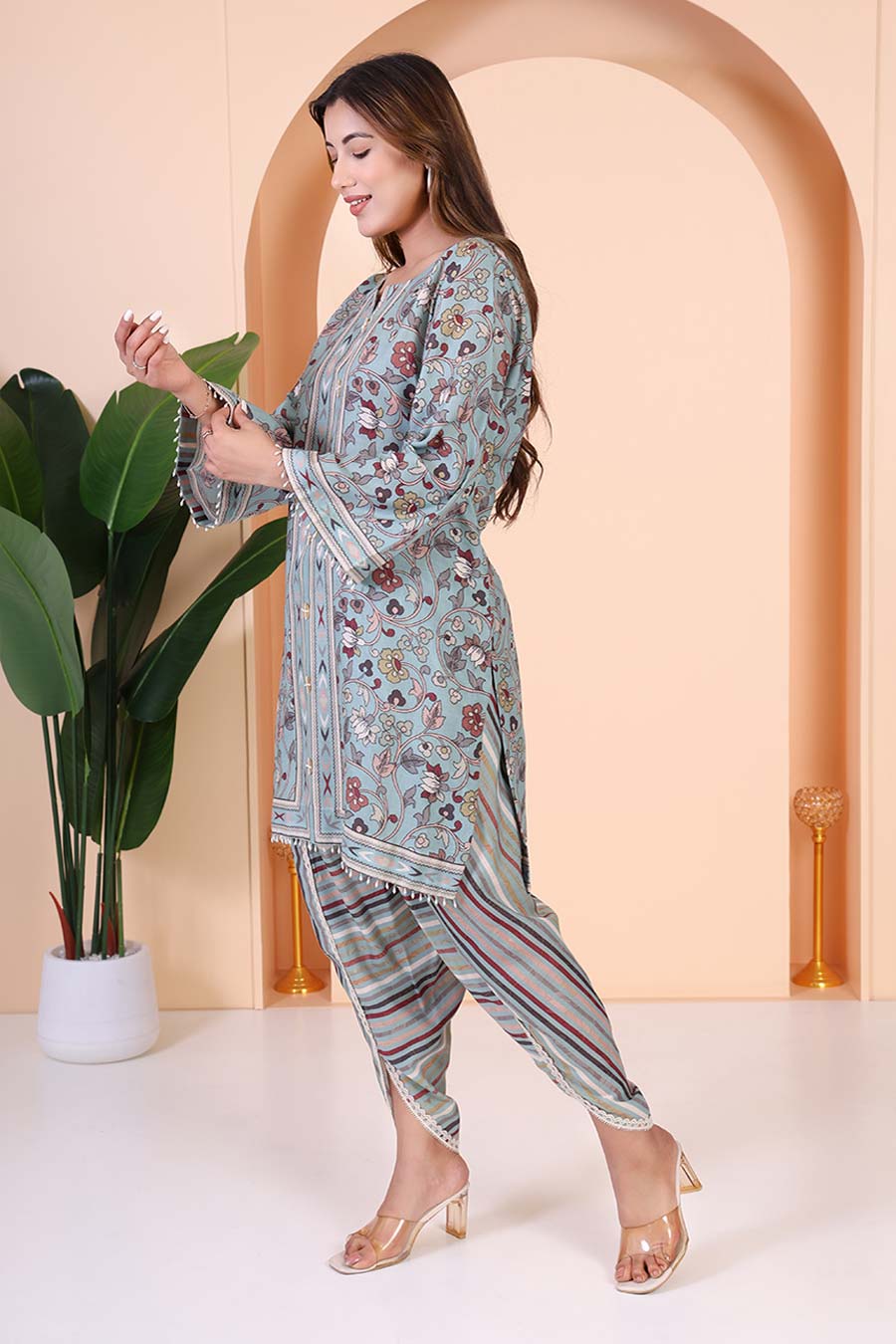 Dusty Blue Printed Kurta & Dhoti Pant Set