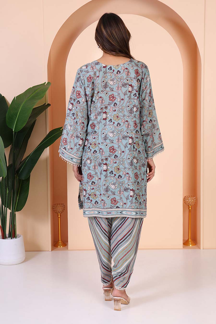 Dusty Blue Printed Kurta & Dhoti Pant Set