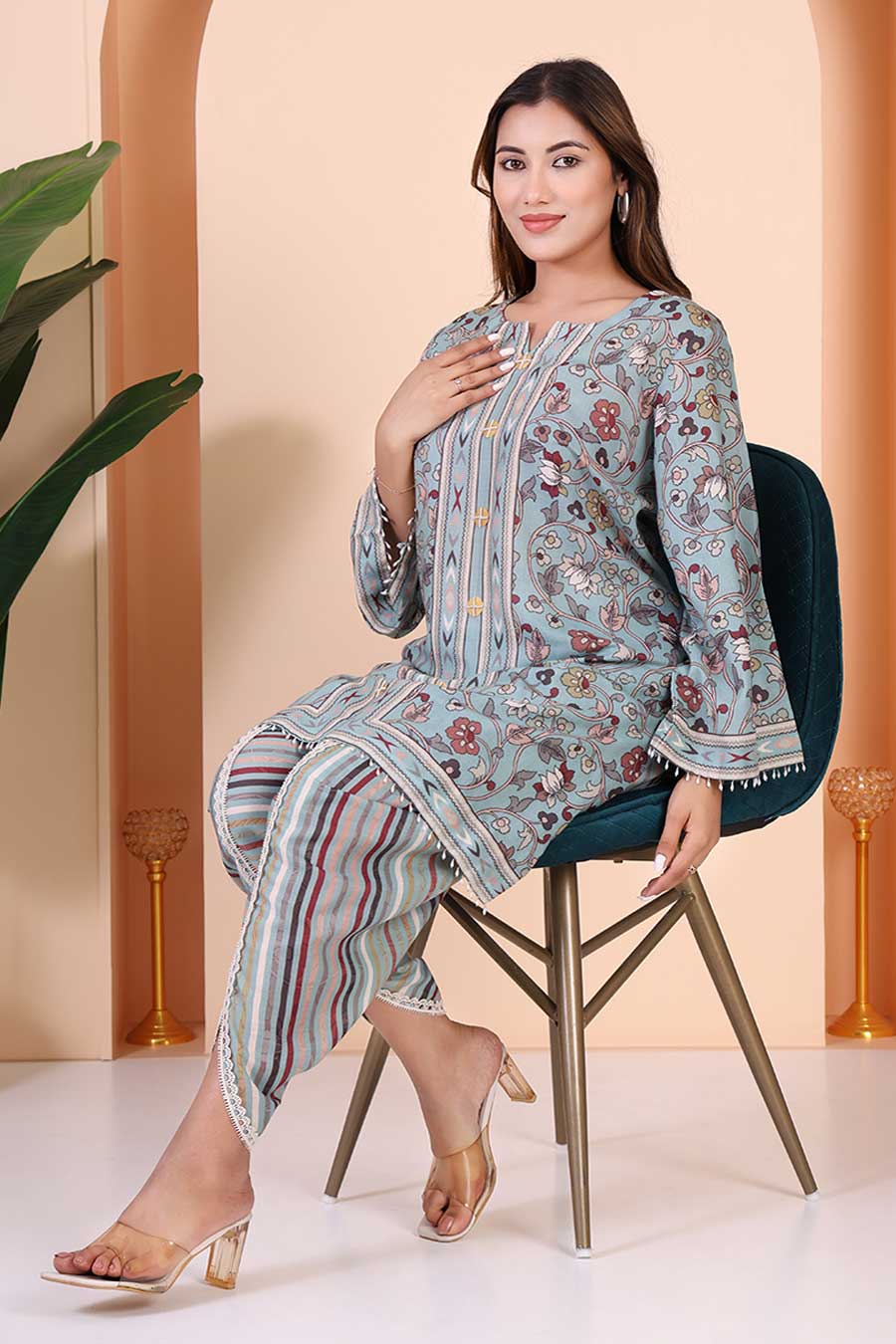 Dusty Blue Printed Kurta & Dhoti Pant Set