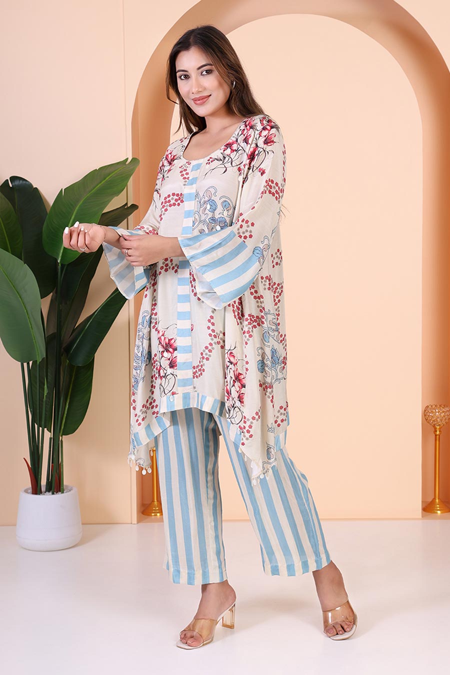 Beige & Aqua Printed Flowy Kurta Set