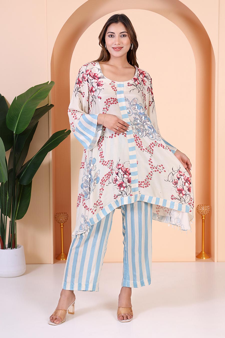 Beige & Aqua Printed Flowy Kurta Set