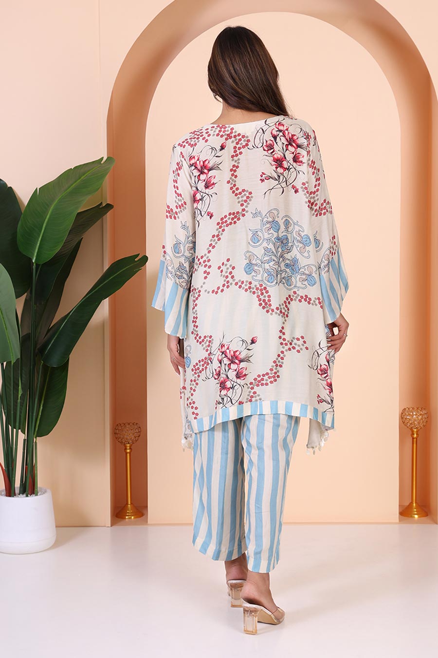 Beige & Aqua Printed Flowy Kurta Set