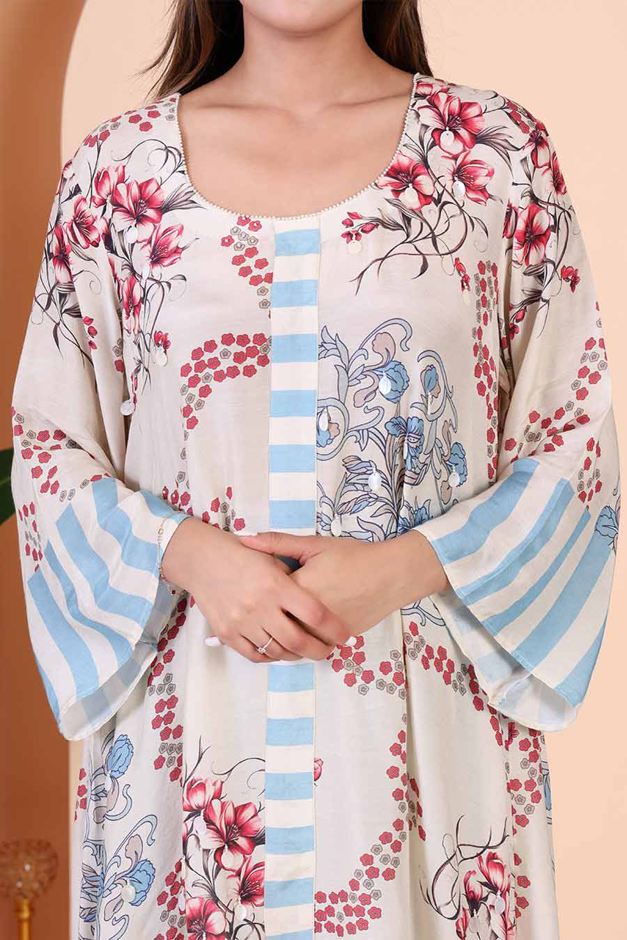 Beige & Aqua Printed Flowy Kurta Set