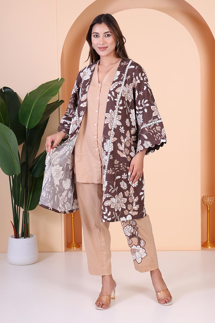 Beige Top & Pant Co-Ord Set With Printed Cape