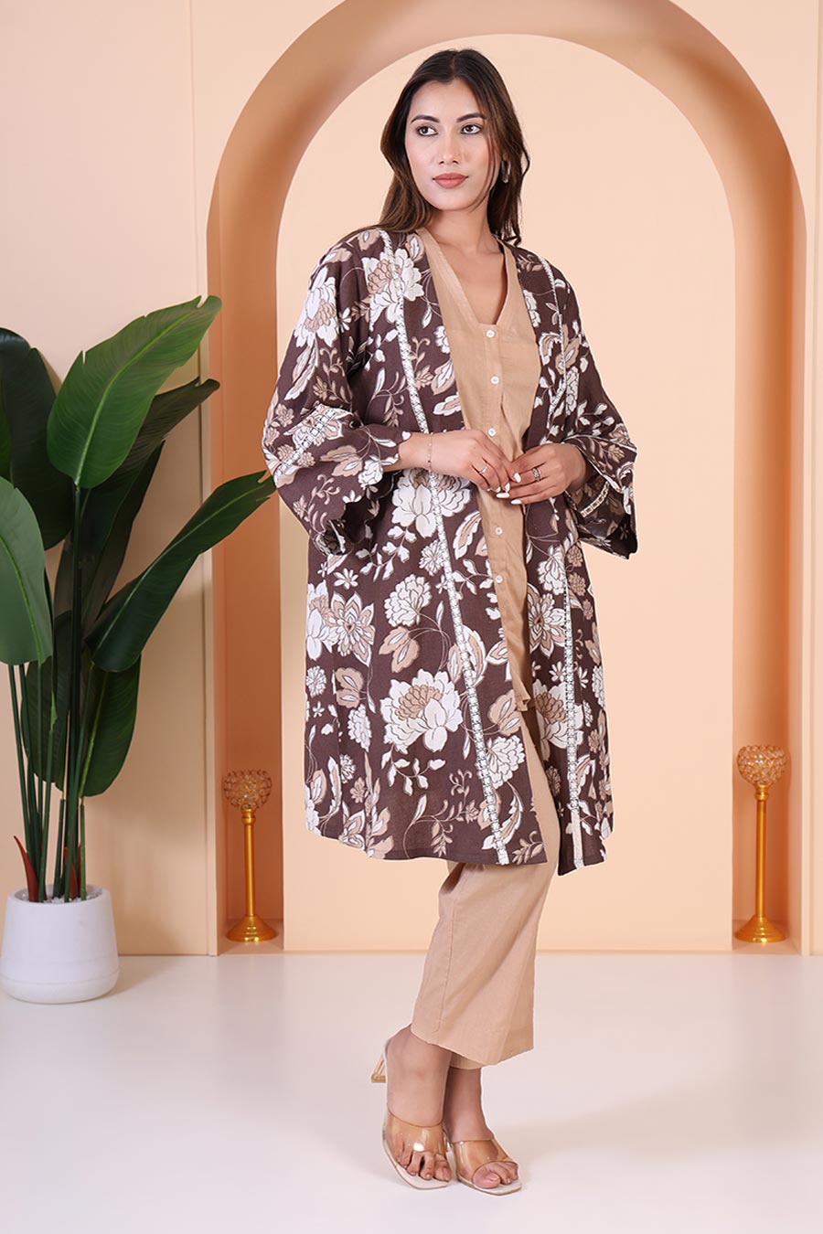 Beige Top & Pant Co-Ord Set With Printed Cape