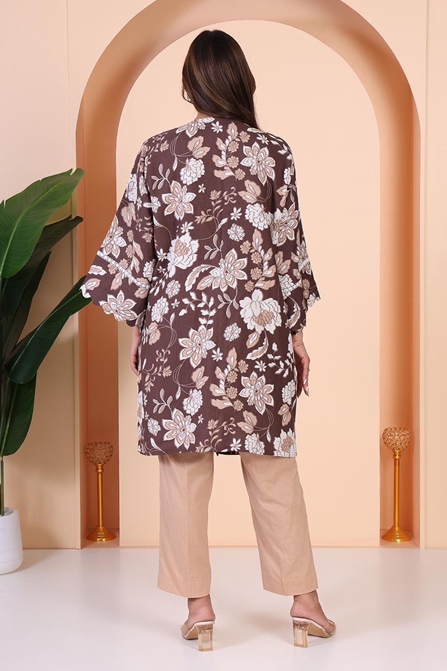 Beige Top & Pant Co-Ord Set With Printed Cape