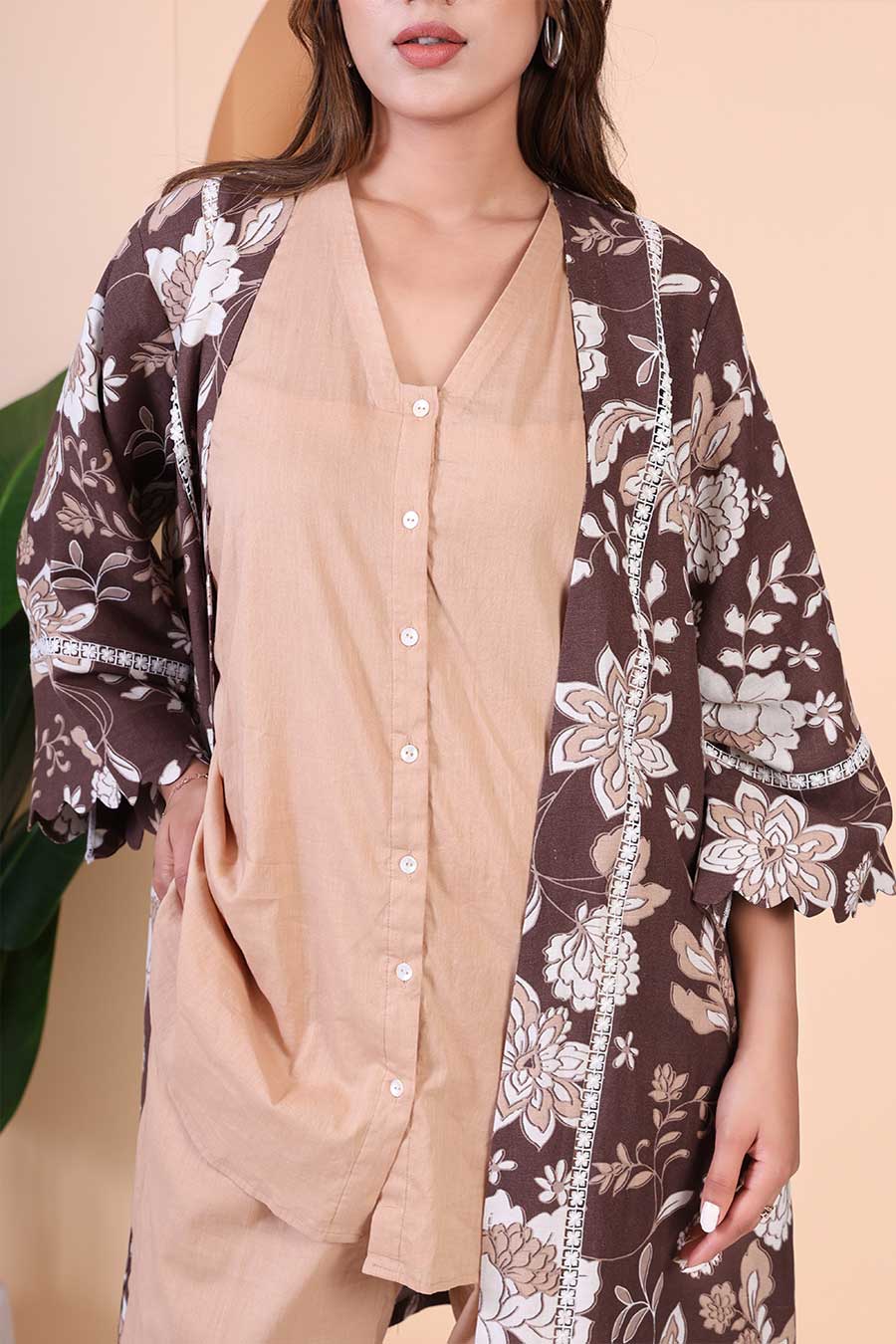 Beige Top & Pant Co-Ord Set With Printed Cape