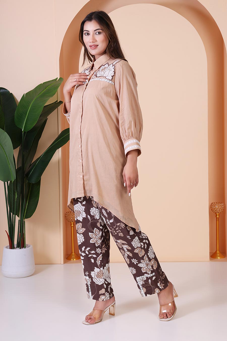 Beige & Brown Embellished Co-Ord Set
