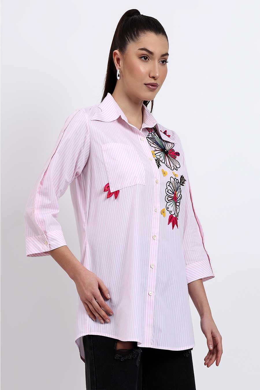 Baby Pink Embellished Striped Shirt