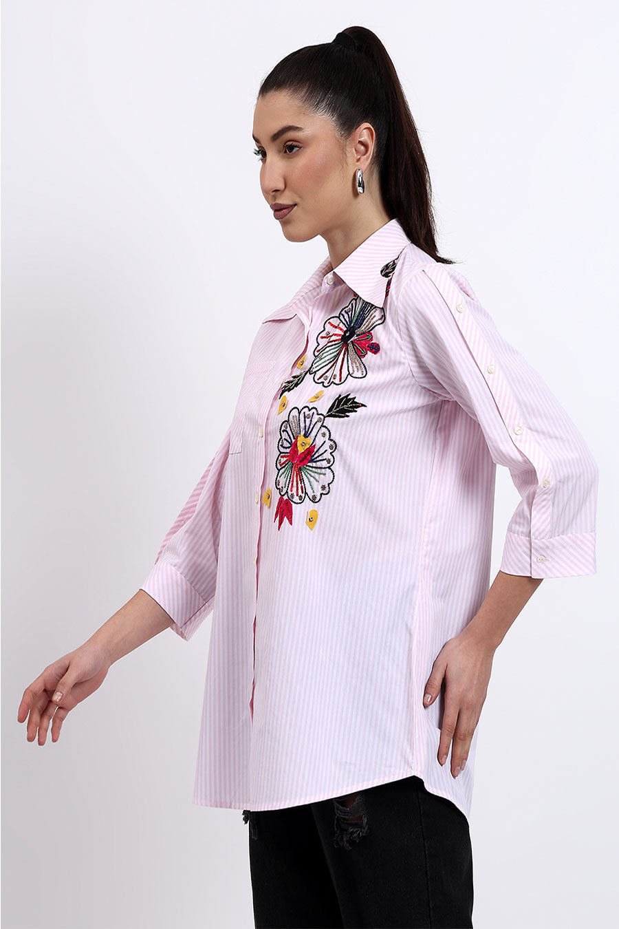 Baby Pink Embellished Striped Shirt