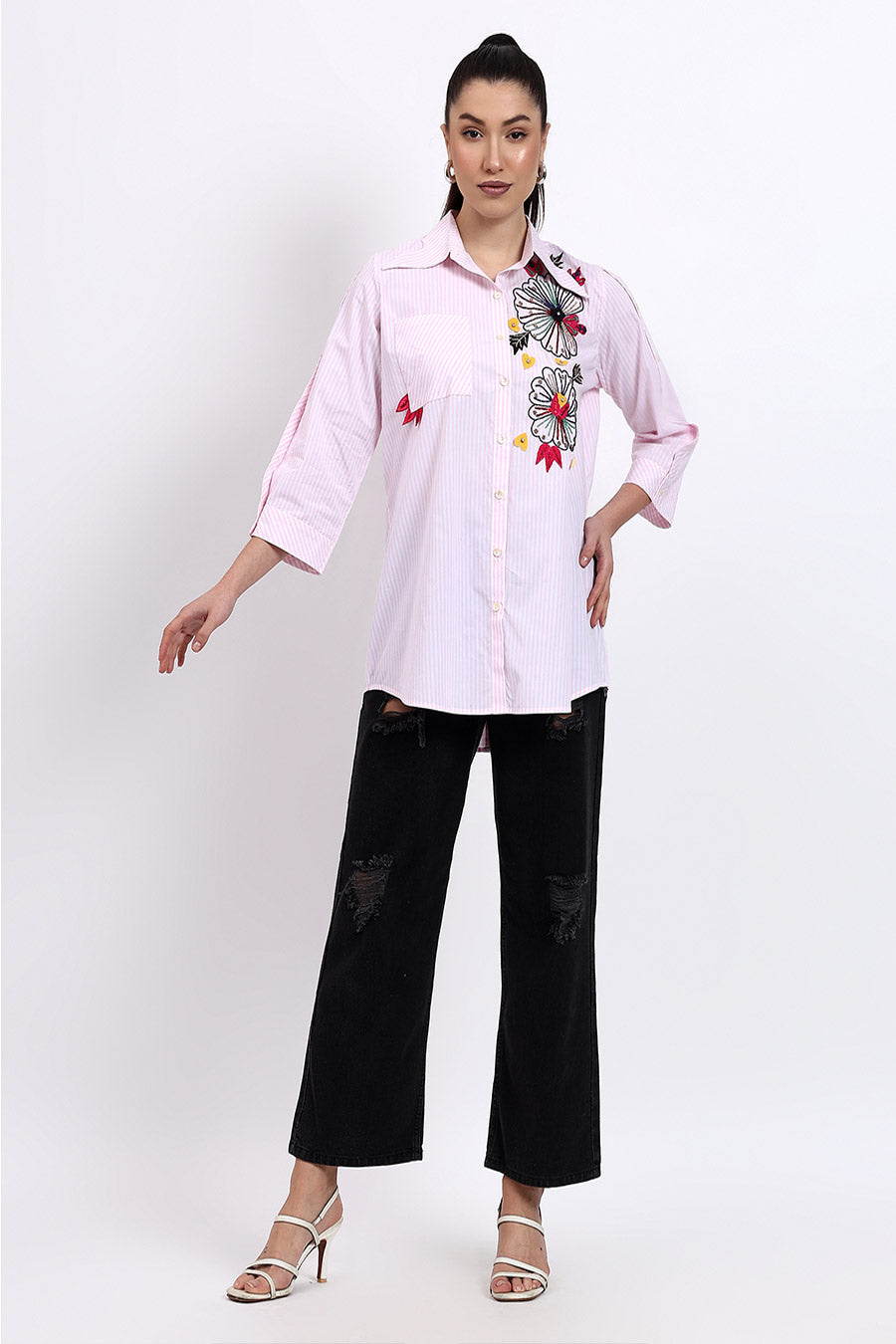 Baby Pink Embellished Striped Shirt