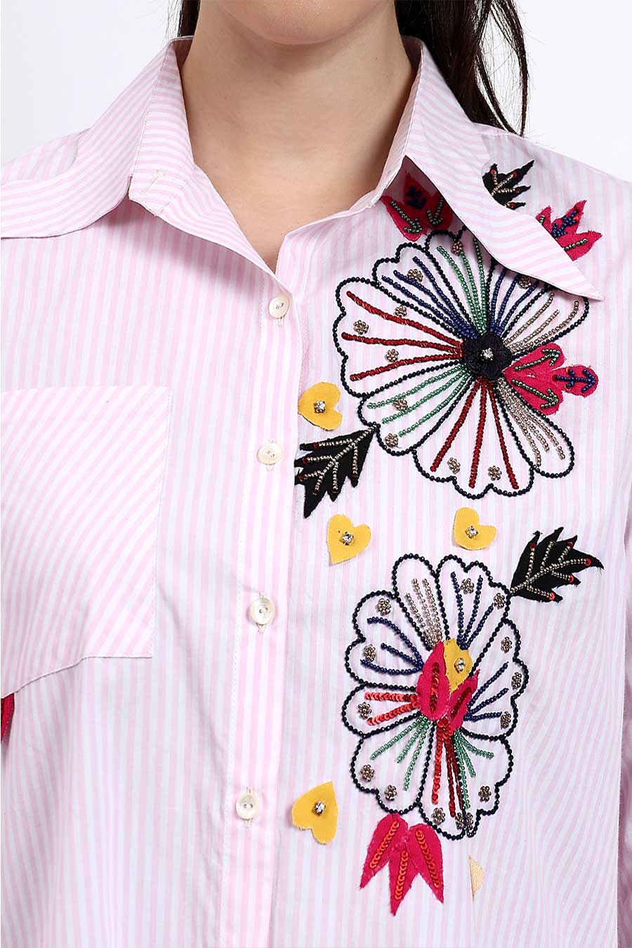 Baby Pink Embellished Striped Shirt