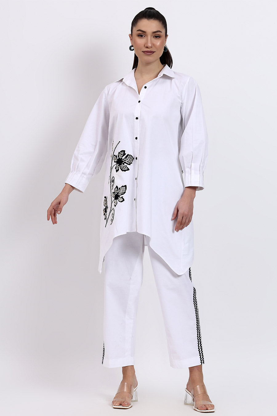 White Embellished Shirt & Pant Co-Ord Set