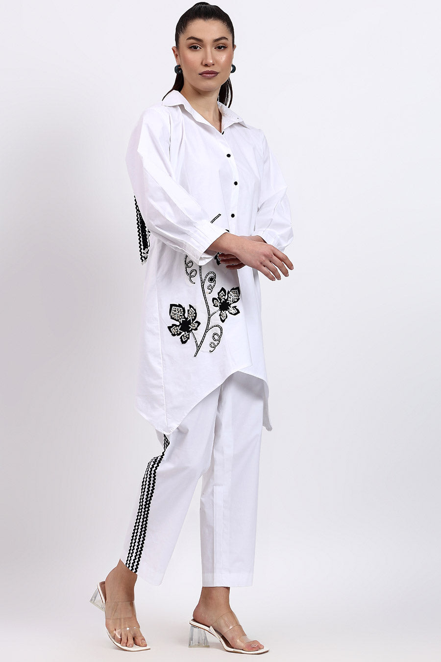 White Embellished Shirt & Pant Co-Ord Set