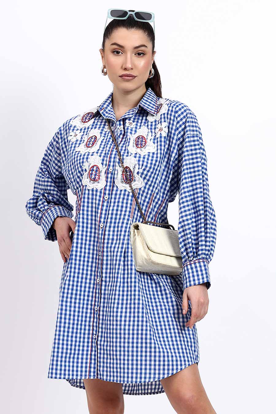 Blue Embellished Checked Shirt