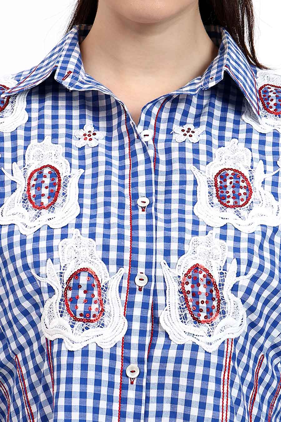 Blue Embellished Checked Shirt