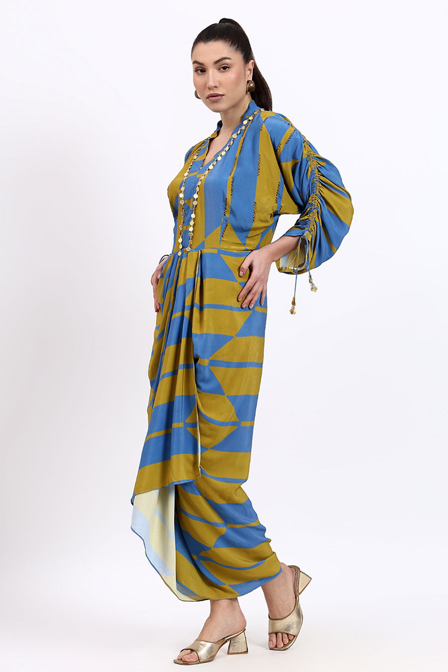 Blue & Green Printed Draped Dress