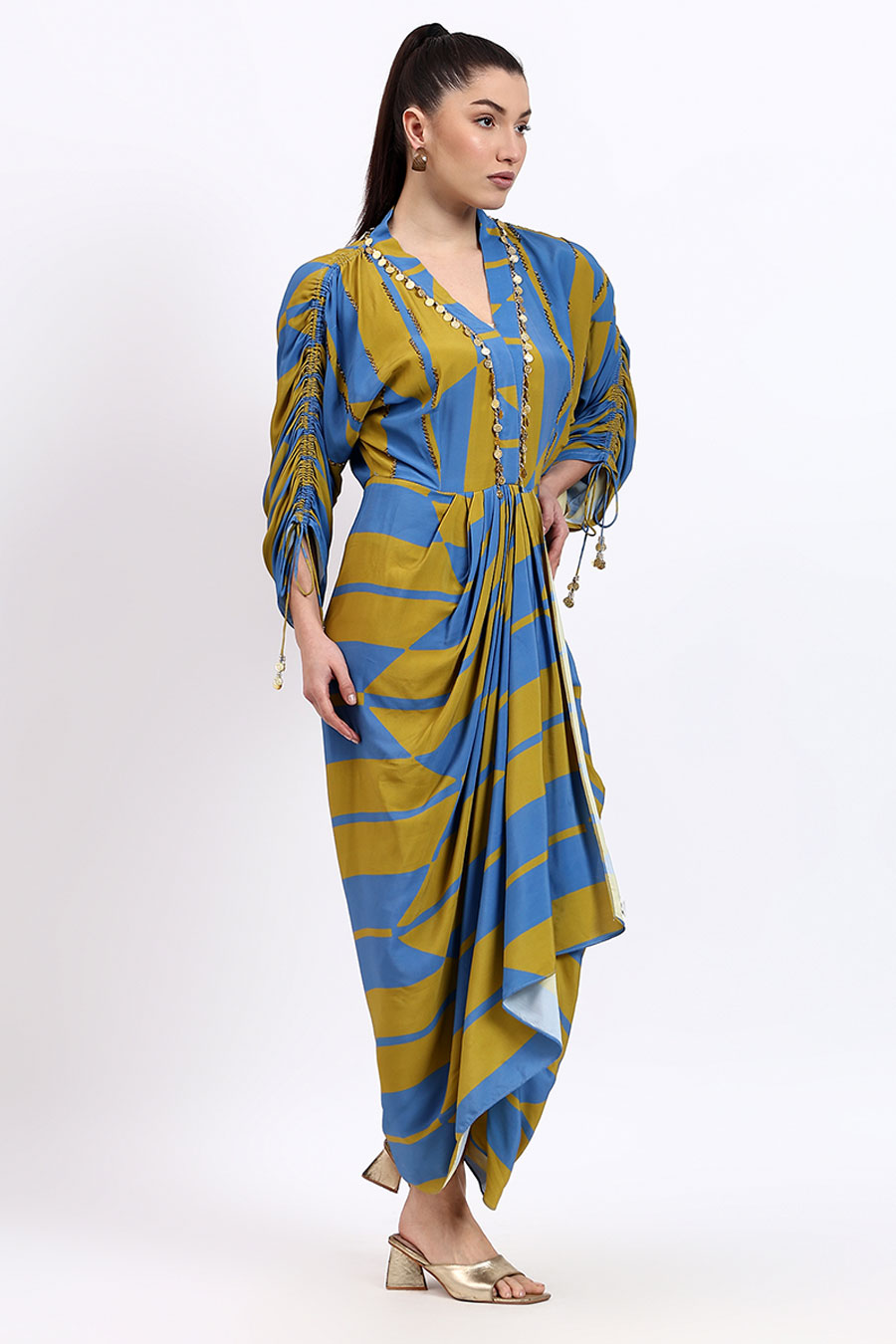 Blue & Green Printed Draped Dress