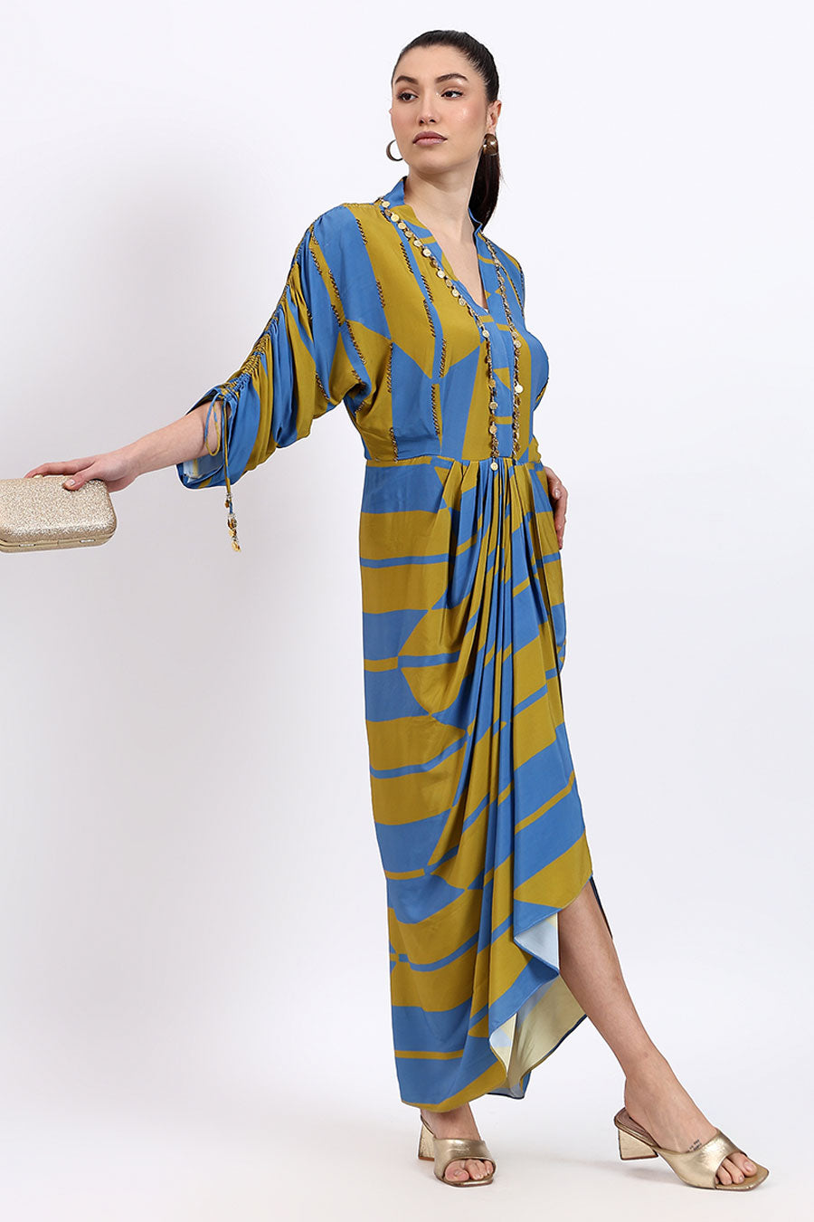 Blue & Green Printed Draped Dress