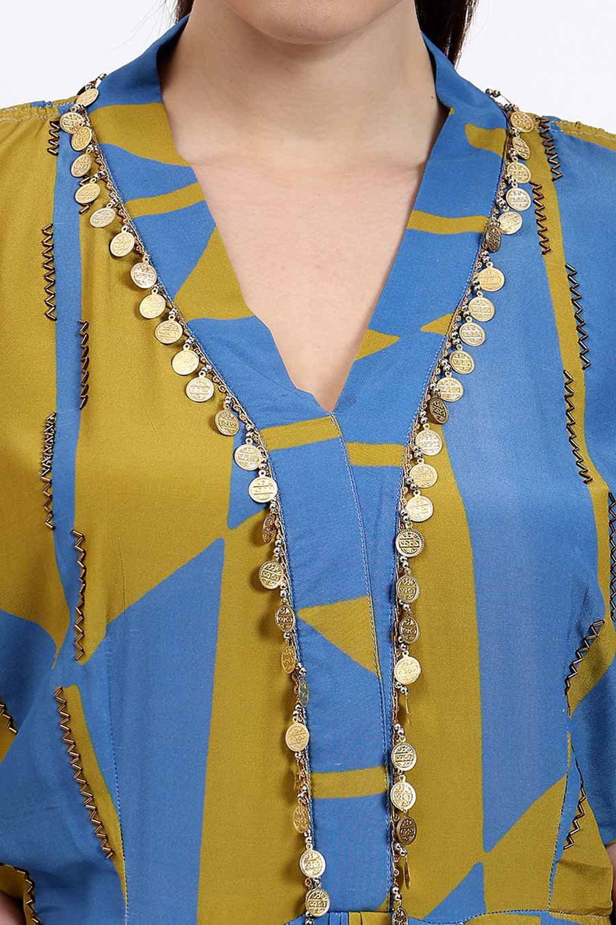 Blue & Green Printed Draped Dress