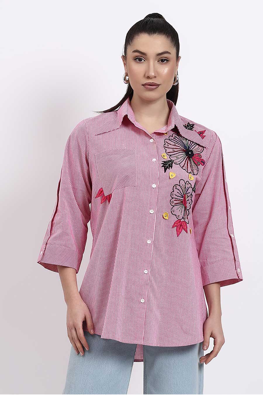 Pink Embellished Striped Shirt