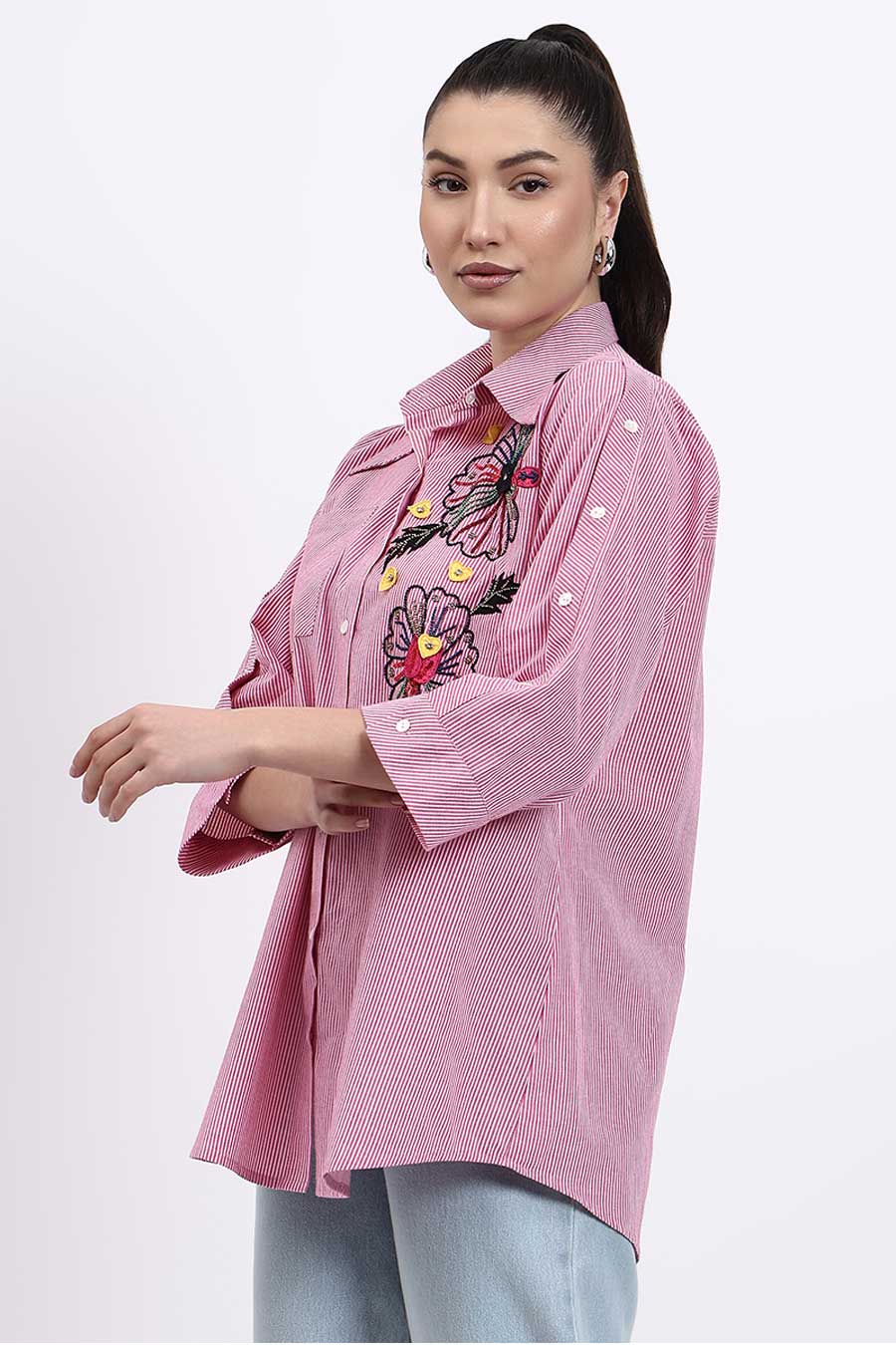 Pink Embellished Striped Shirt