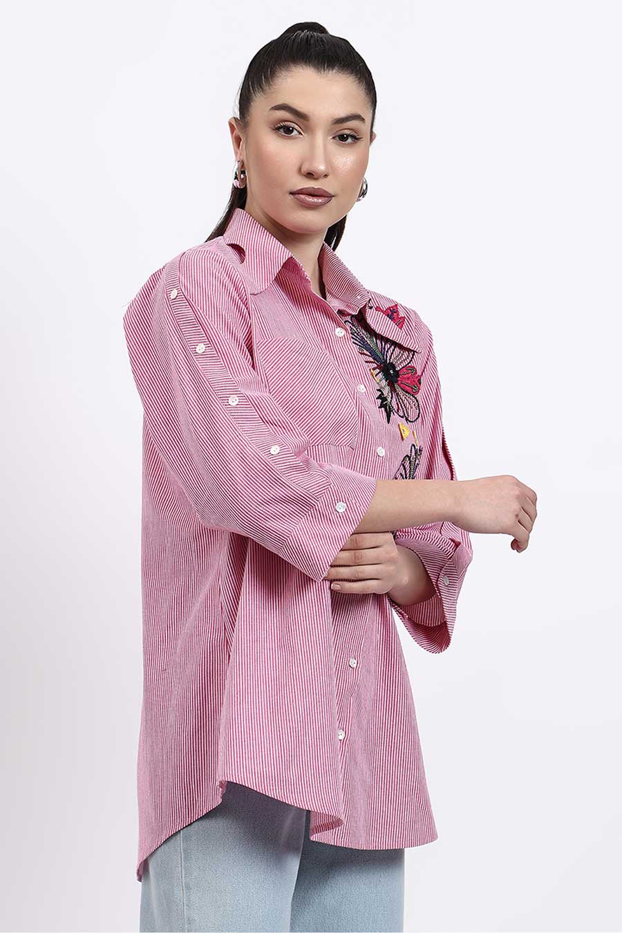 Pink Embellished Striped Shirt