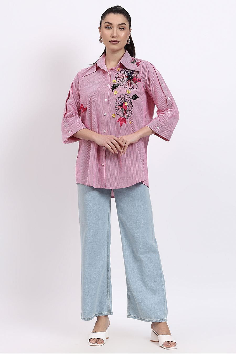 Pink Embellished Striped Shirt