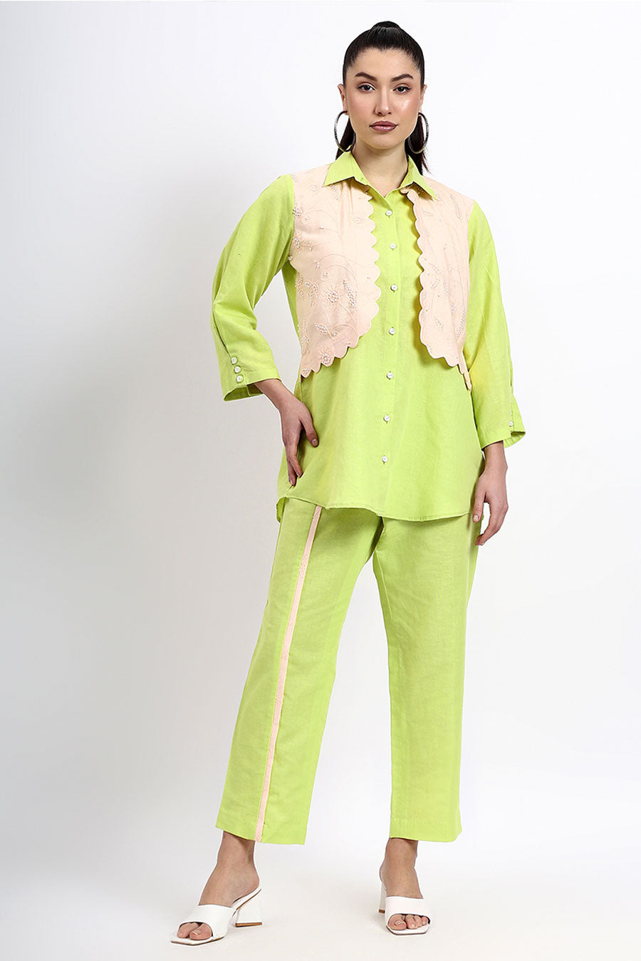 Green Embellished Jacket Shirt & Pant Co-Ord Set