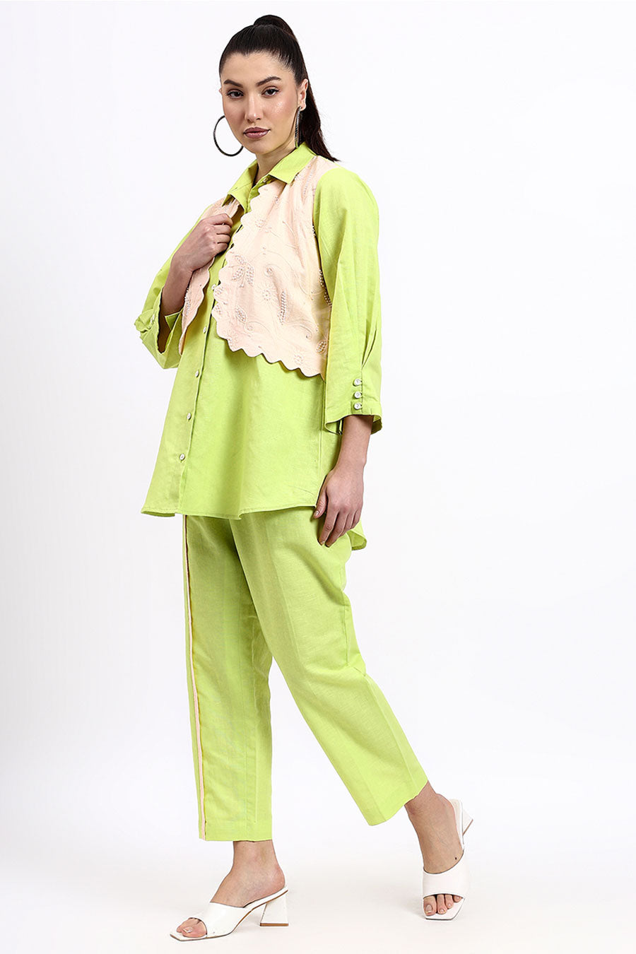 Green Embellished Jacket Shirt & Pant Co-Ord Set
