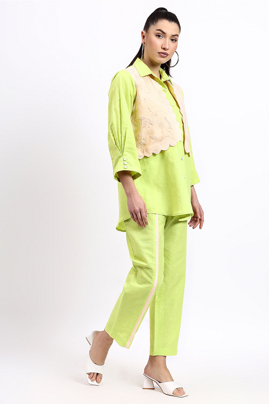 Green Embellished Jacket Shirt & Pant Co-Ord Set