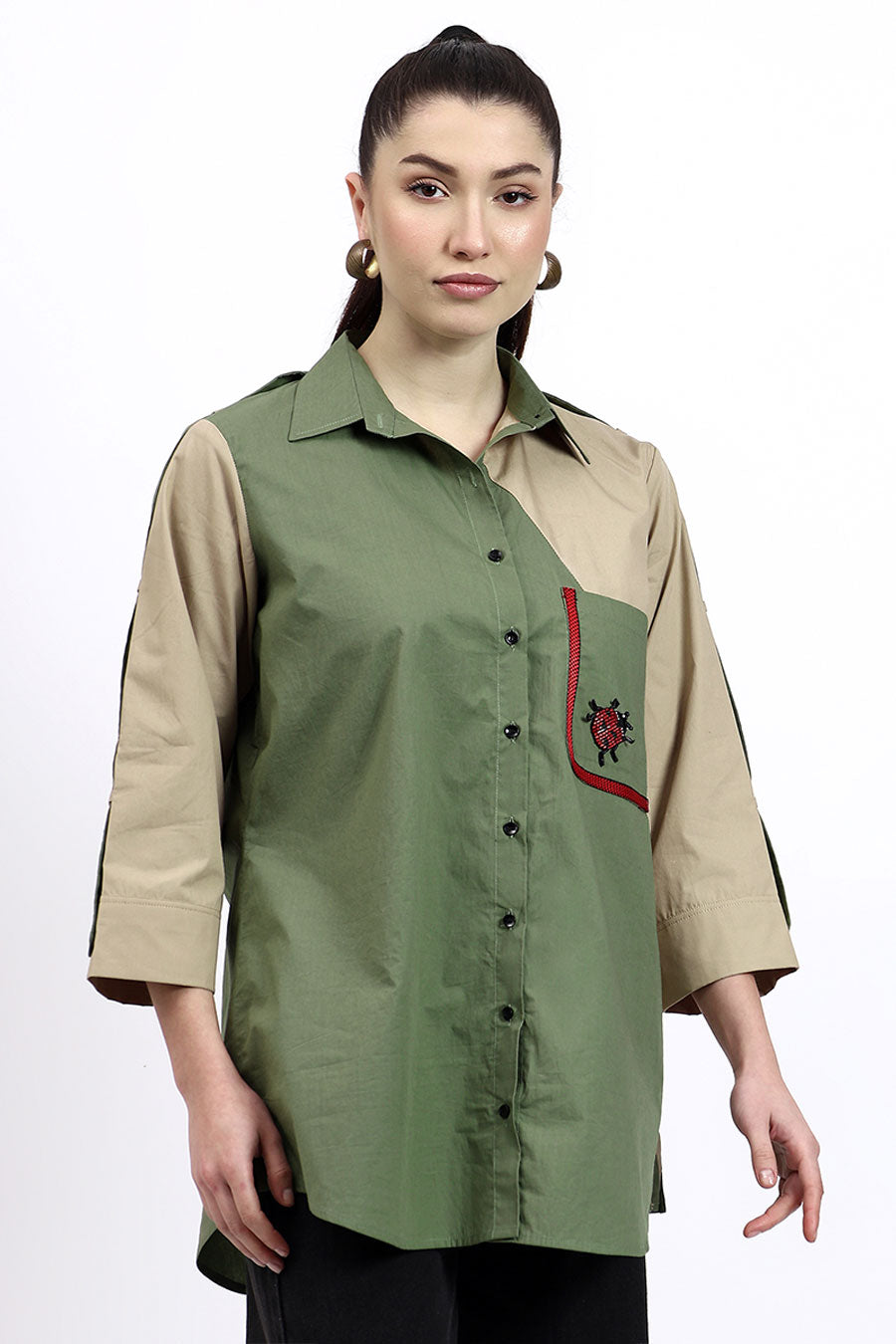 Olive & Beige Embellished Shirt