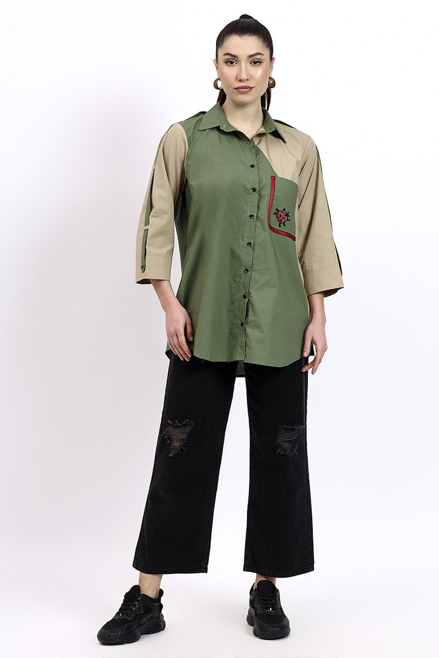 Olive & Beige Embellished Shirt