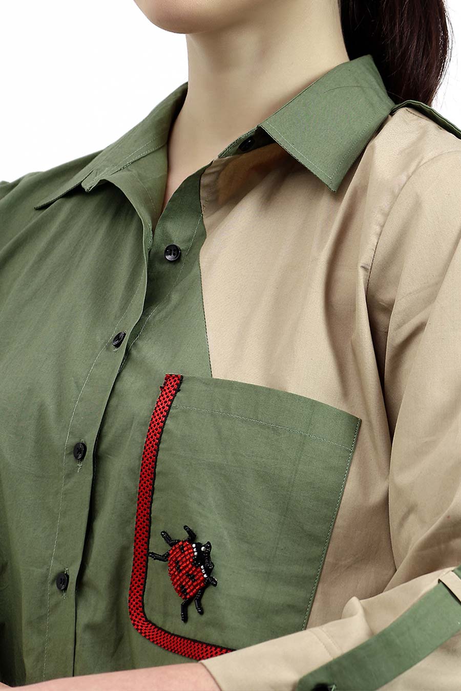 Olive & Beige Embellished Shirt