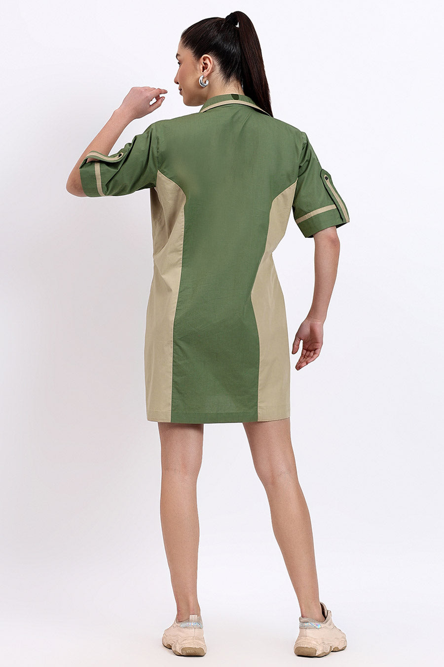 Olive & Beige Embellished Panelled Dress