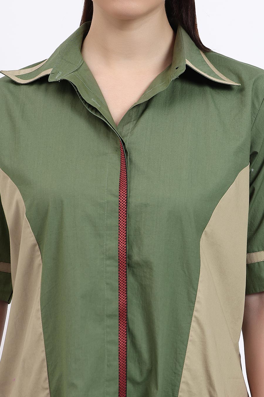 Olive & Beige Embellished Panelled Dress